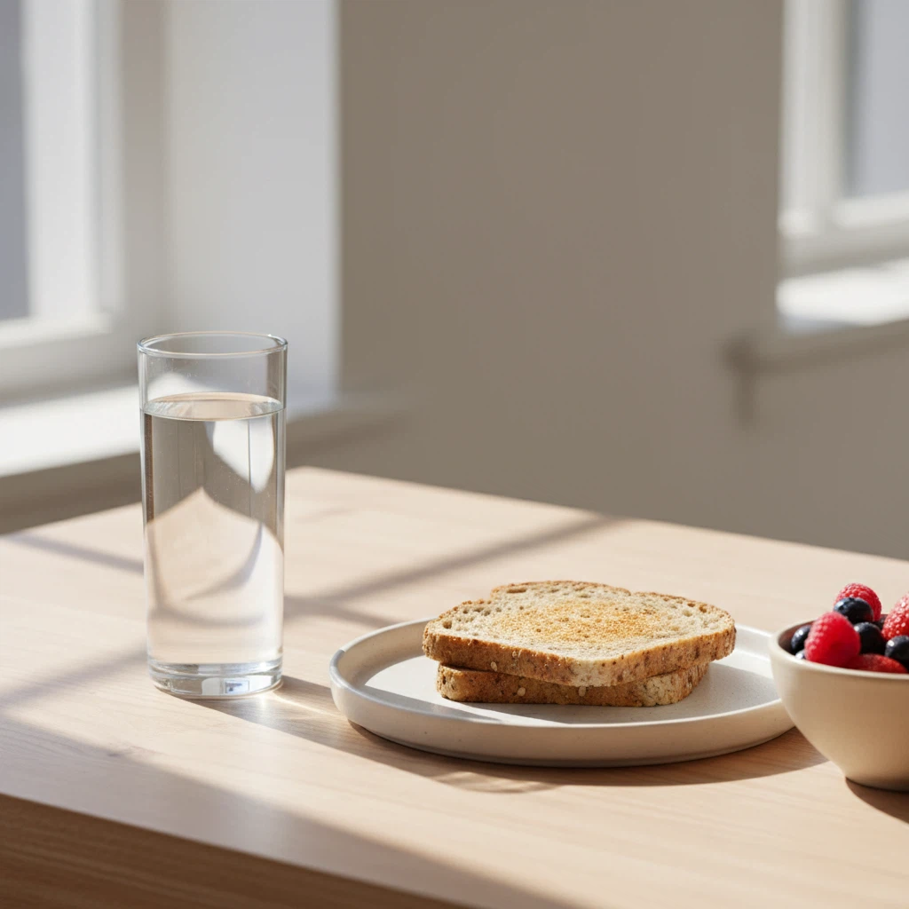 Een glas water en een licht ontbijt op een helder keukenblad in ochtendlicht