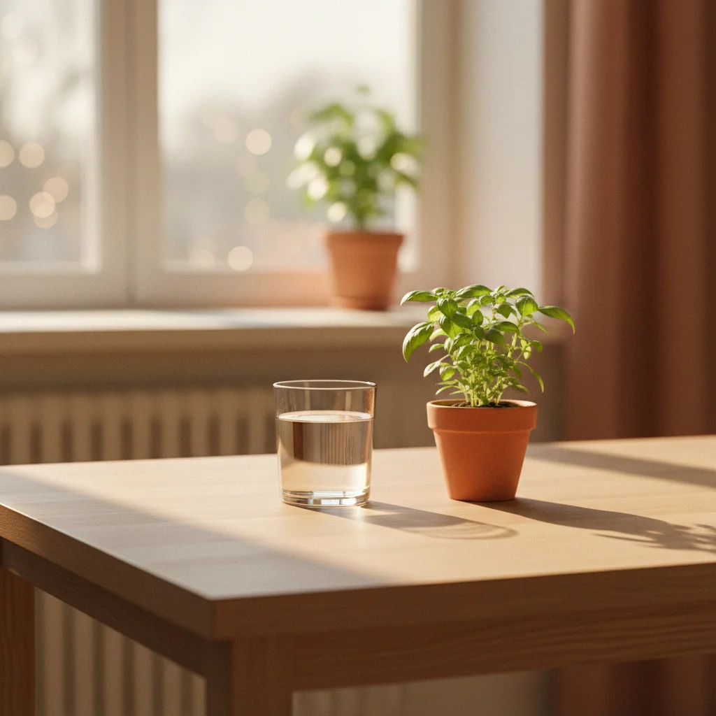 Warme zonnestralen door een raam op een houten tafel met een glas water